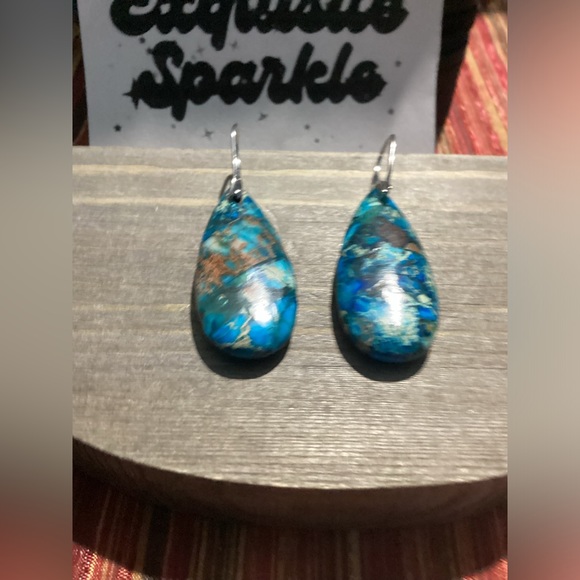🌼 Blue &Teal  Natural Sea Jasper Stone Drop Earrings with Silver - Picture 8 of 10